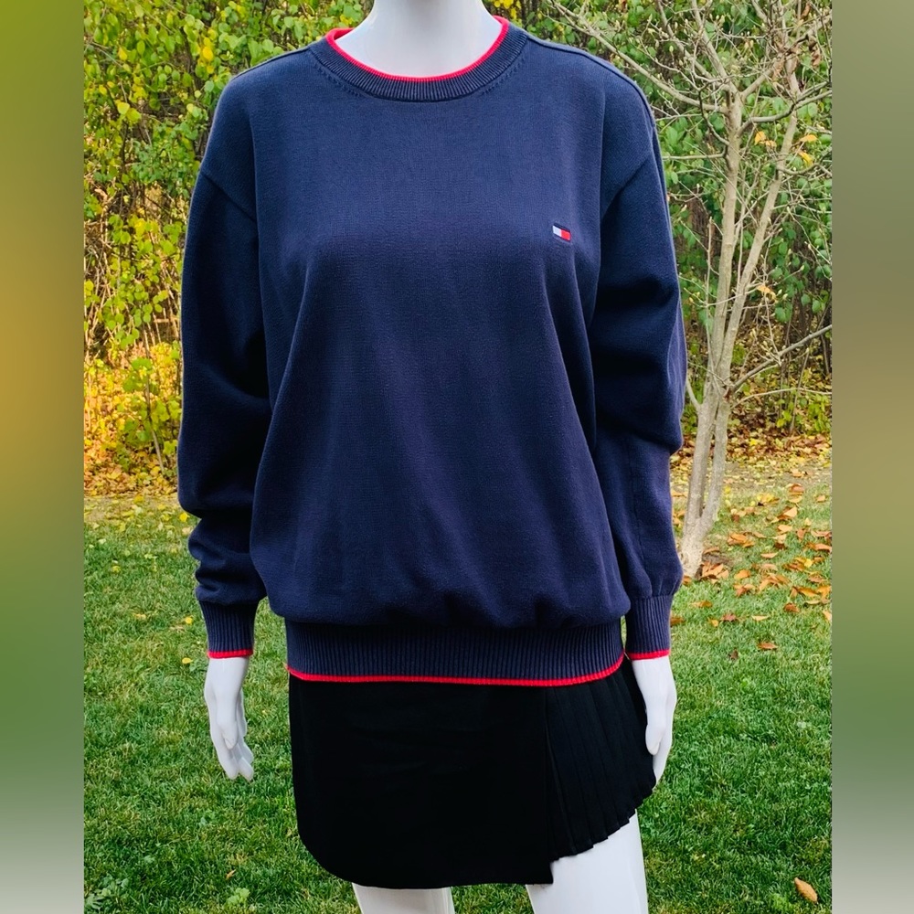 Tommy Hilfiger navy blue cotton knit sweater red trims logo crew neck unisex M-L